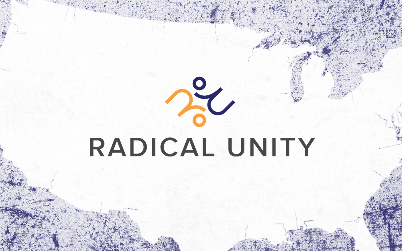 Radical Unity logo over a borderless silhouette of the United States